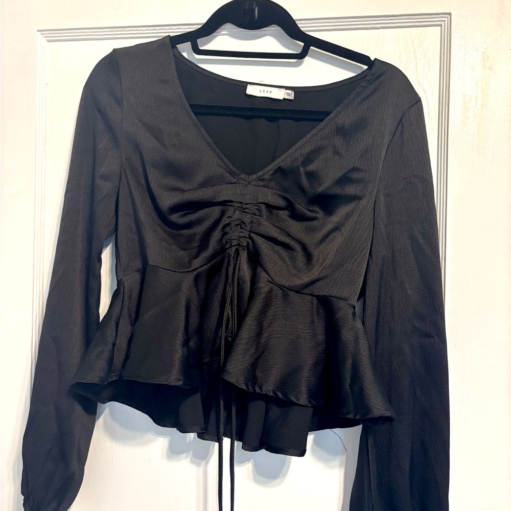 Lush Black Ruched Peplum Blouse